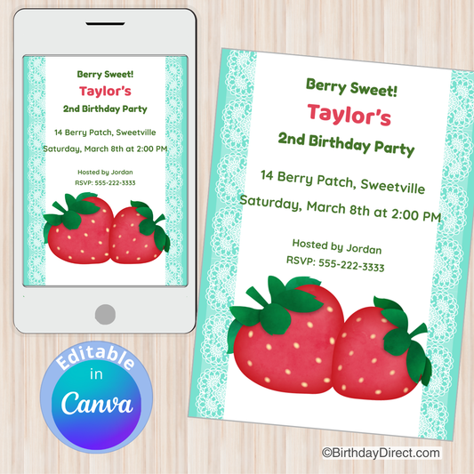 Berry-themed birthday party invitation on a smartphone and paper with 'Canva' branding.