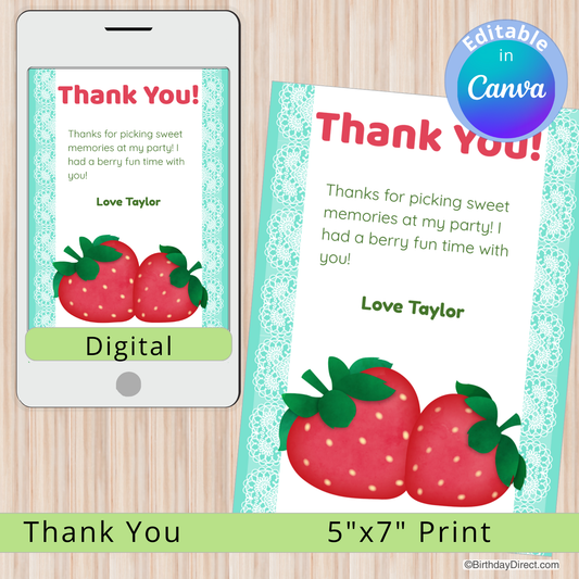 Digital and print thank you card with strawberries on a wooden surface