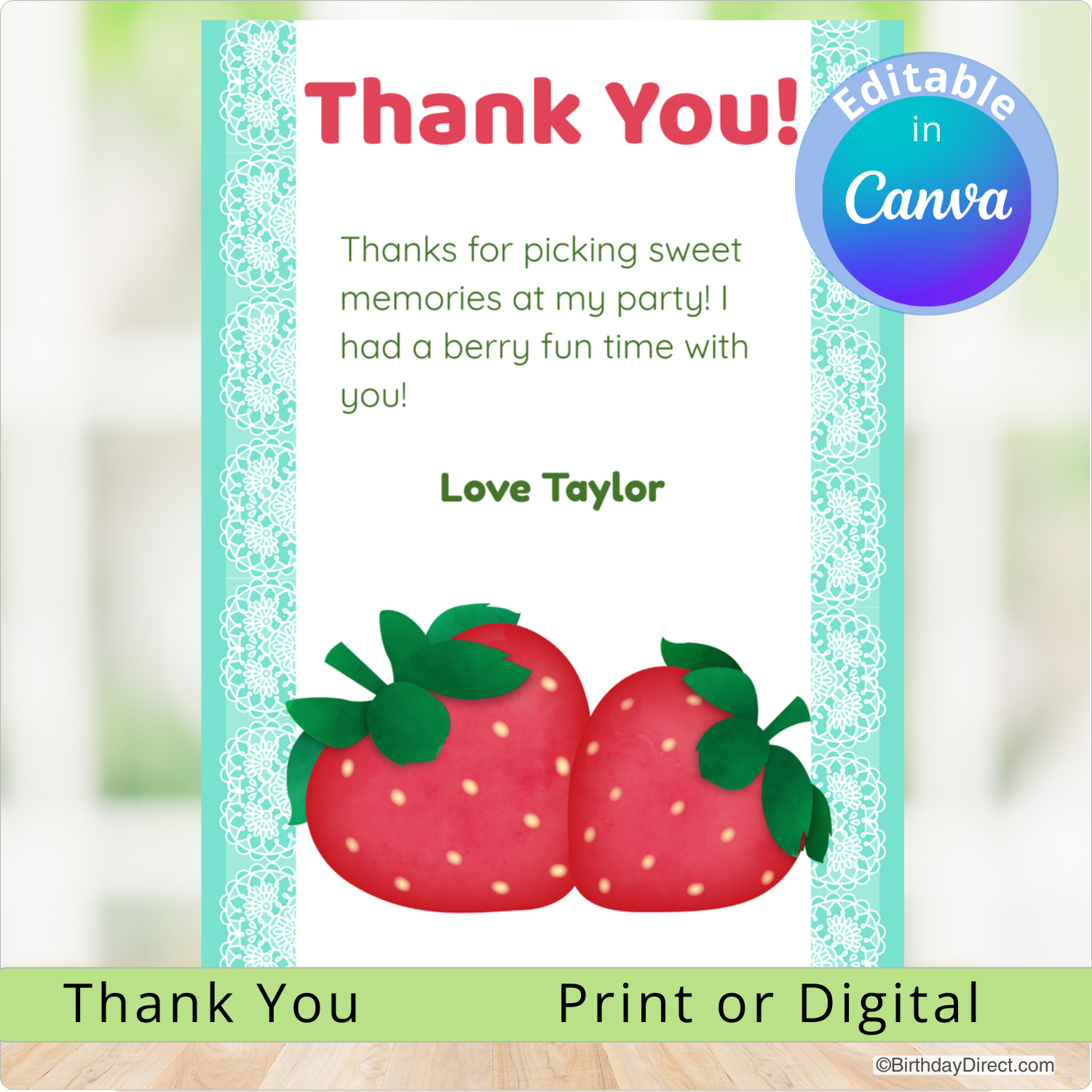 Thank you card with strawberries and editable text on a white background