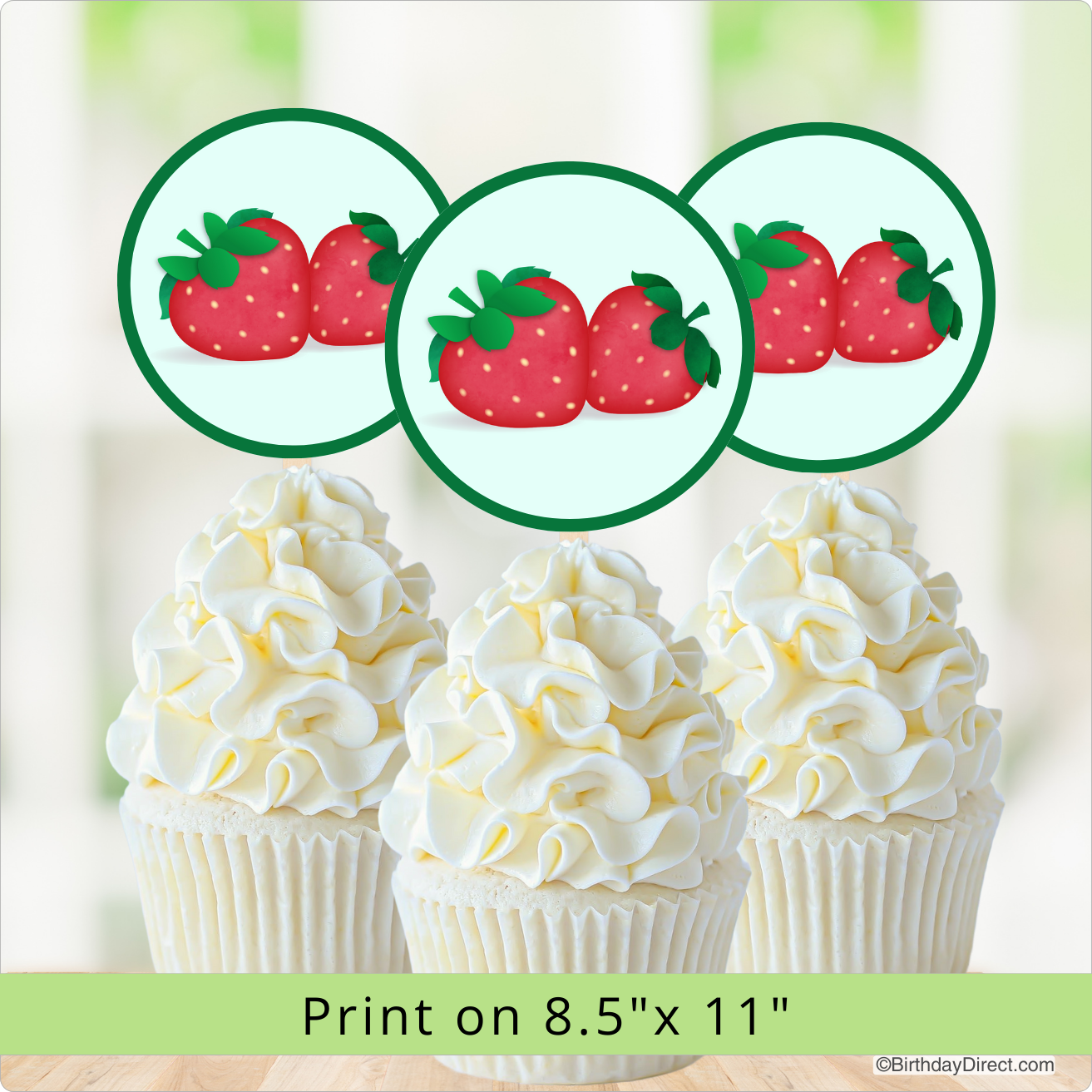 Decorative strawberry stickers above cupcakes with text indicating print size.