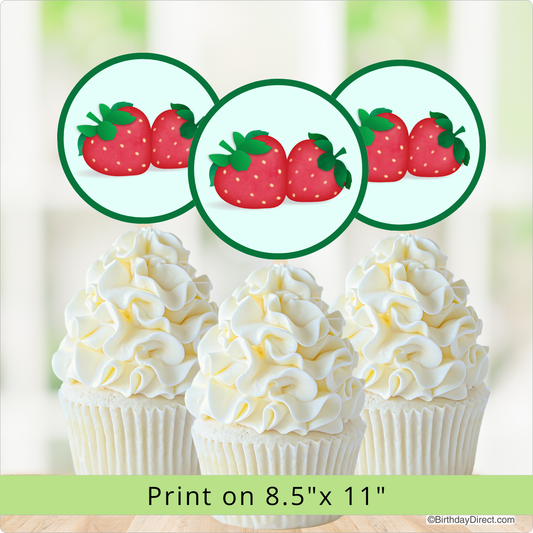 Decorative strawberry stickers above cupcakes with text indicating print size.