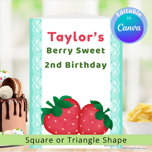 Birthday centerpiece decoration with strawberries and cake, featuring 'Taylor's Berry Sweet 2nd Birthday' text.