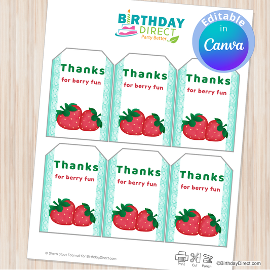Set of 'Thanks for berry fun' labels with strawberries on a white background, branded by Birthday Direct.