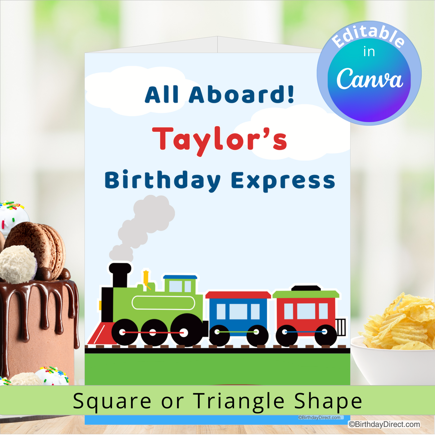 Birthday centerpiece decoration with a train design and text 'All Aboard! Taylor's Birthday Express on a blurred background.