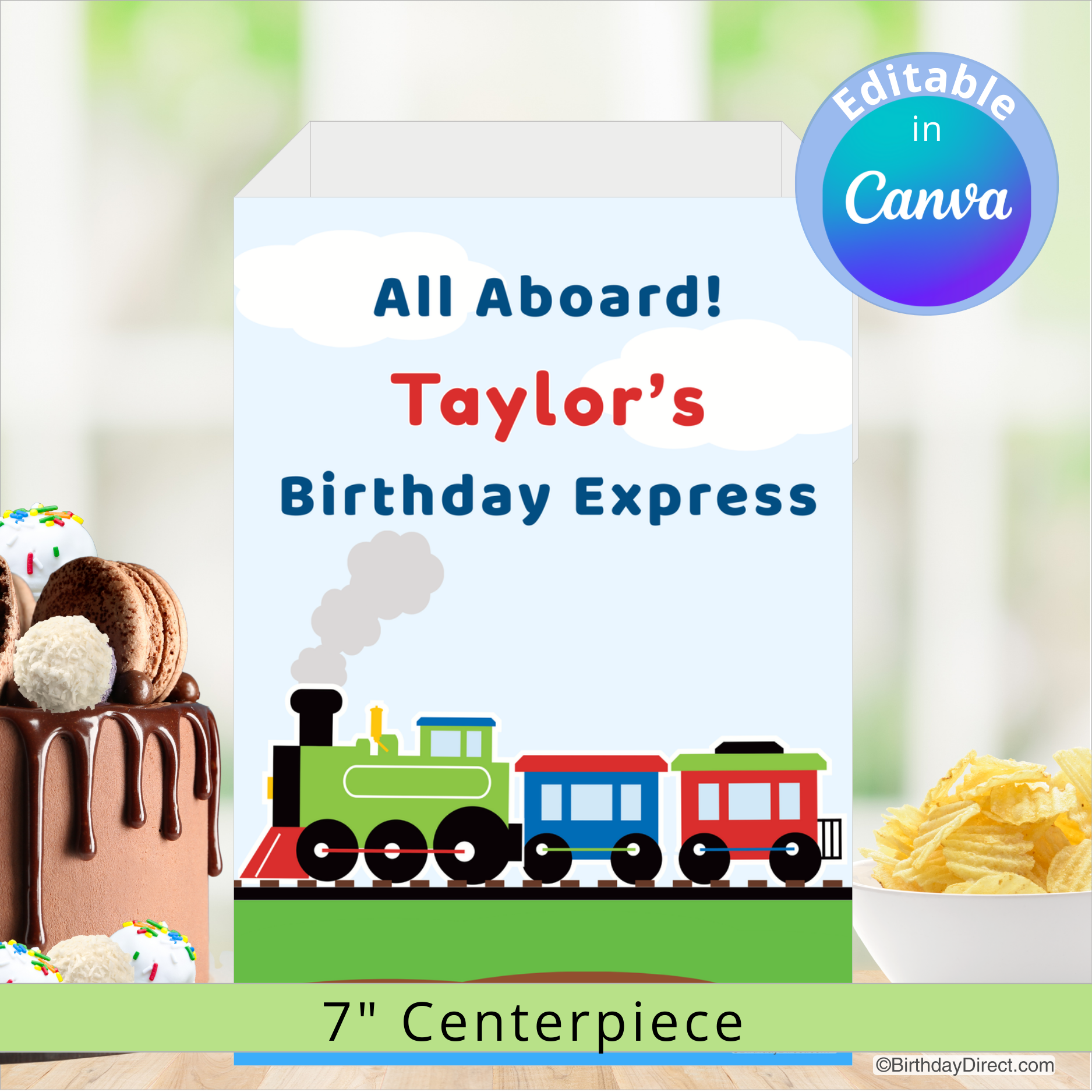 Birthday party centerpiece with train design and editable text in Canva.