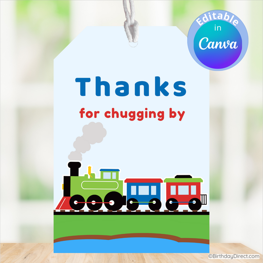 Children's party favor tag with a train design and text 'Thanks for chugging by' on a white background.