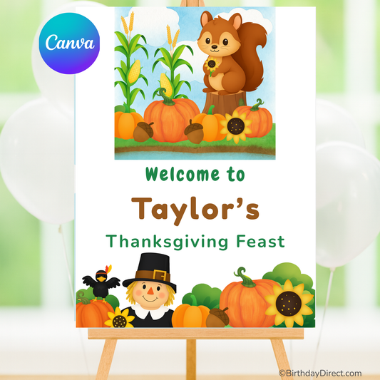 Pumpkin Patch Pals Giving Thanks Party Welcome Poster – 18x24 Editable Printable Birthday Sign