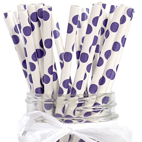Straws, Eco-Friendly Bulk Purple Polka Dot Paper Straws, 7.75 inch, set of 144