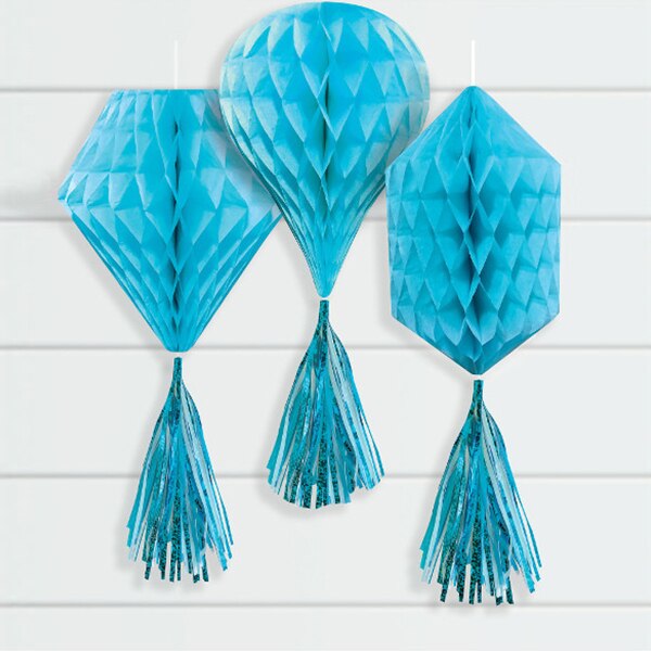 Aqua Blue Tissue Decorations with Tassels, 12 inch, 3 count