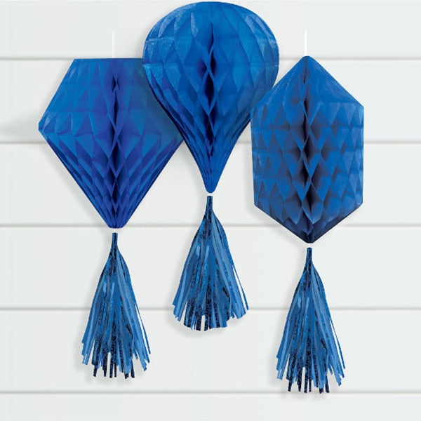 Blue Tissue Decorations with Tassels, 12 inch, 3 count