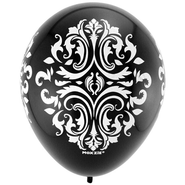 Damask Black and White Scrolls Printed Latex Balloons, 12 inch, 8 count