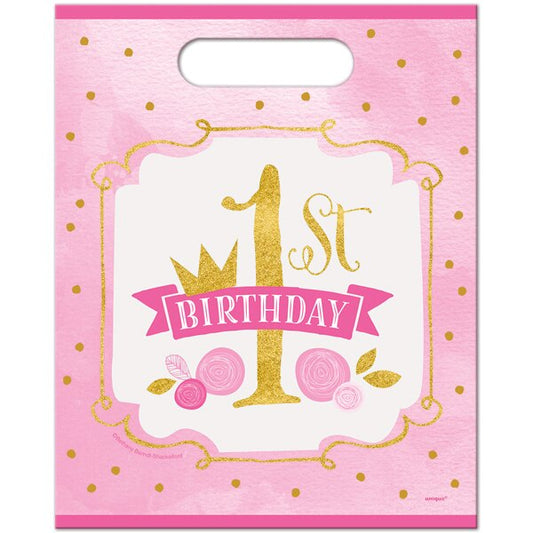 Pink and Gold 1st Birthday Loot Bags, 7 x 9 inch, 8 count