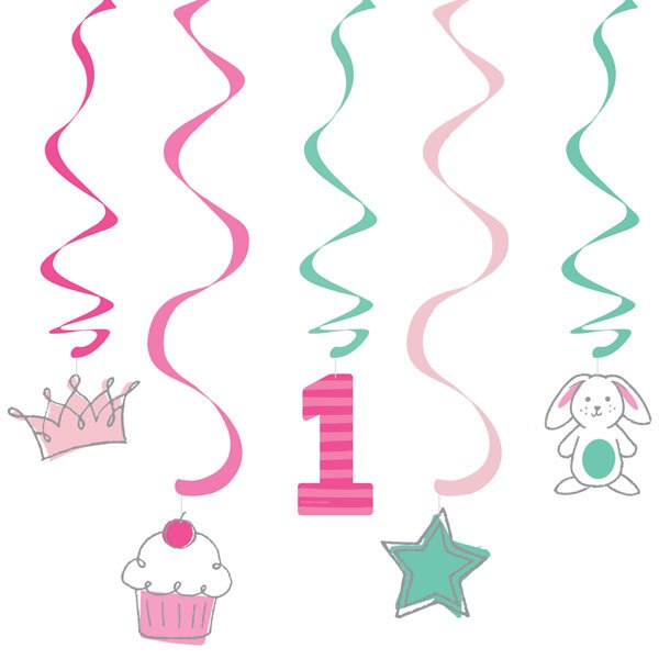 Doodle 1st Birthday Pink Dangling Swirl Decorations, 39 inch, 5 count