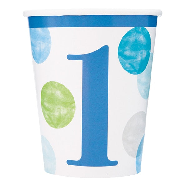 Blue Dots 1st Birthday Cups, 9 ounce, 8 count