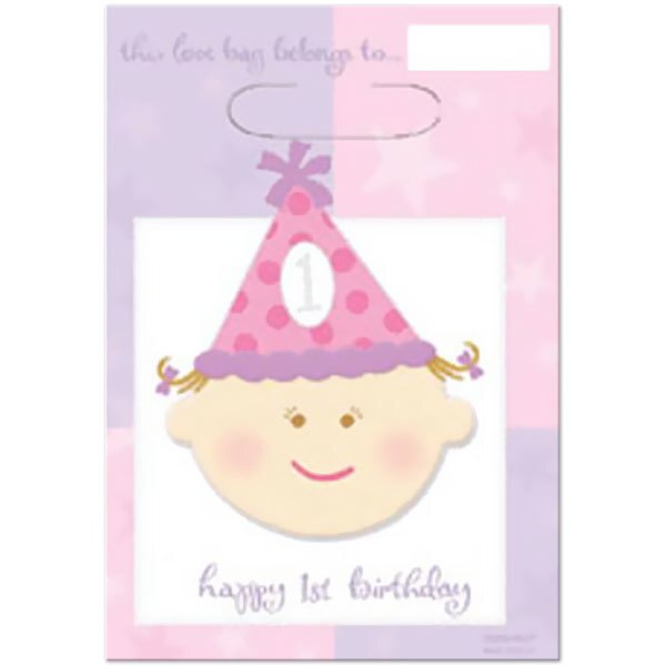Happy First Birthday Girl Loot Bags, 6.5 x 9 inch, 8 count