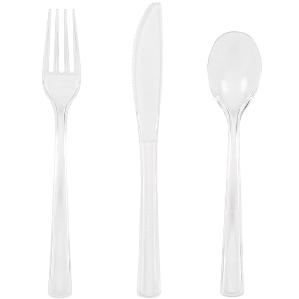 Clear Cutlery for 6 Settings, Reusable Plastic, 6 inch, set of 18