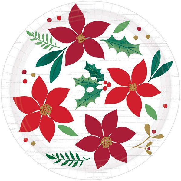 Christmas Poinsettia  Wishes Round Dessert Plates, 7 inch, 8 count