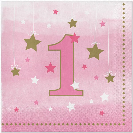 Twinkle Little Star Pink 1st Birthday Lunch Napkins, 6.5 inch fold, set of 16