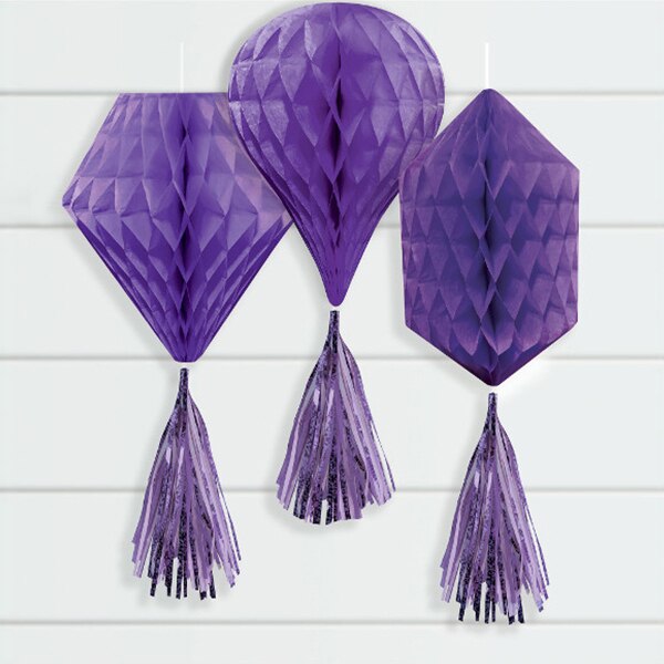 Purple Tissue Decorations with Tassels, 12 inch, 3 count