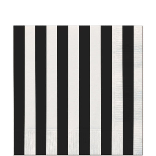 Midnight Black with White Stripe Beverage Napkins, 5 inch fold, set of 16