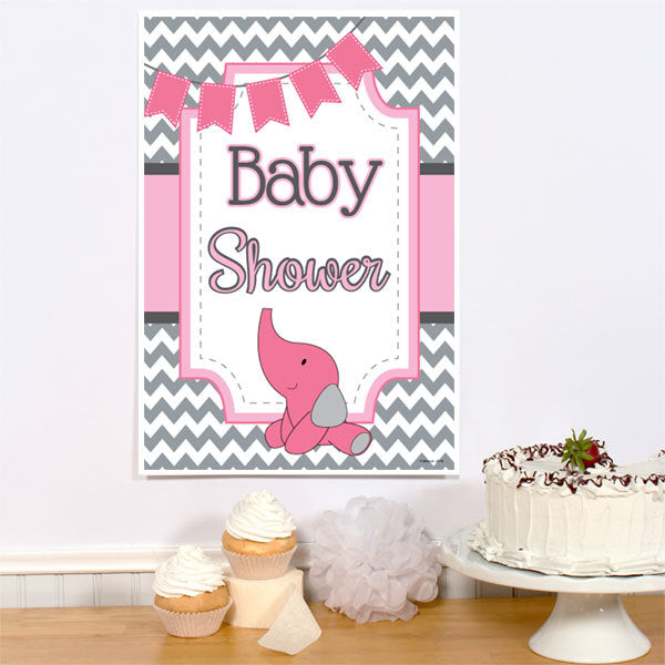 Elephant Chevron Pink Baby Shower Sign, 8.5x11 Printable PDF Digital Download by Birthday Direct