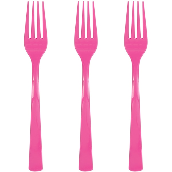Hot Pink Forks Reusable Plastic, 6 inch, set of 18