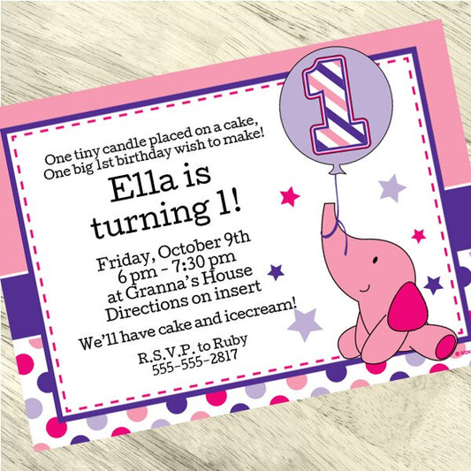 Birthday Direct's Elephant Dots 1st Birthday Pink Custom Invitations