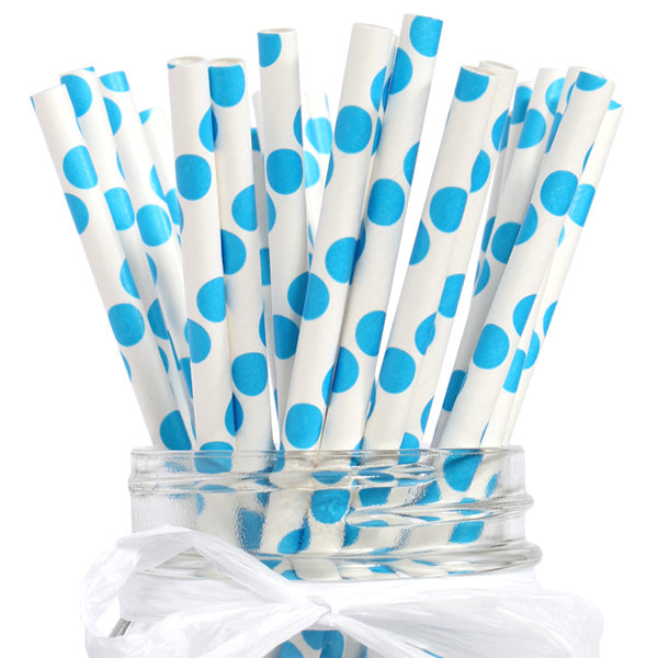 Straws, Aqua Blue Polka Dot eco-friendly Paper, 7.75 inch, set of 24