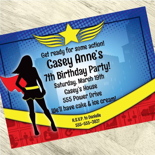 Birthday Direct's Super Hero Girl Party Custom Invitations