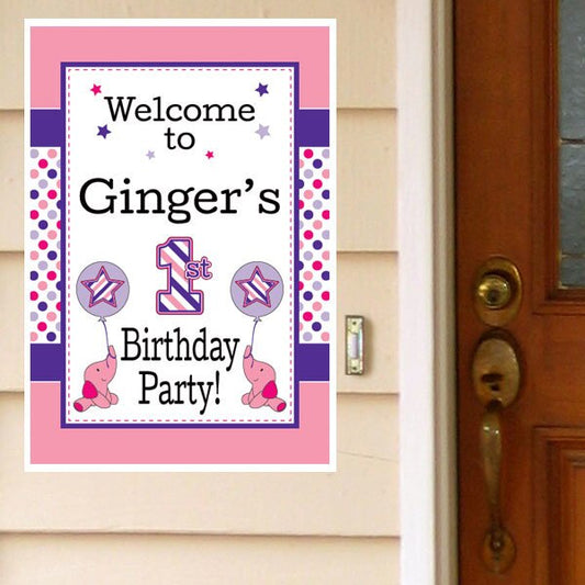 Birthday Direct's Elephant Dots 1st Birthday Pink Custom Door Greeter