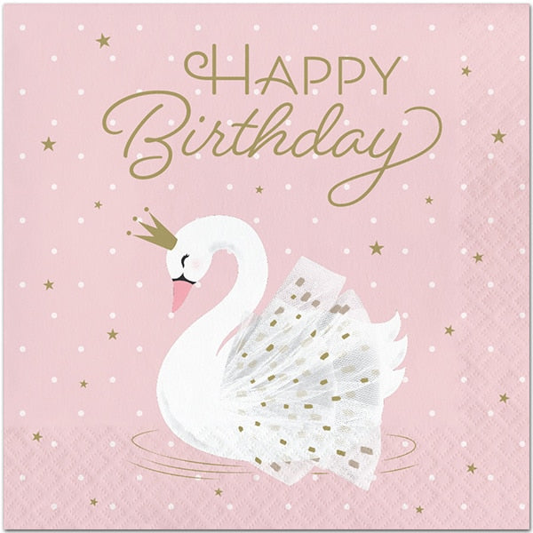 Swan Party Happy Birthday Lunch Napkins, 6.5 inch fold, set of 16