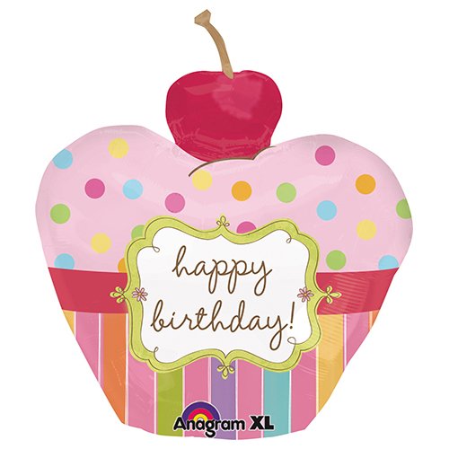 Cupcake Birthday Cherry Frosting Foil Balloon, 24 inch, each