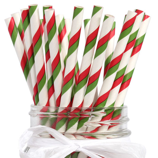 Straws, Red and Green Striped eco-friendly Paper, 7.75 inch, set of 24
