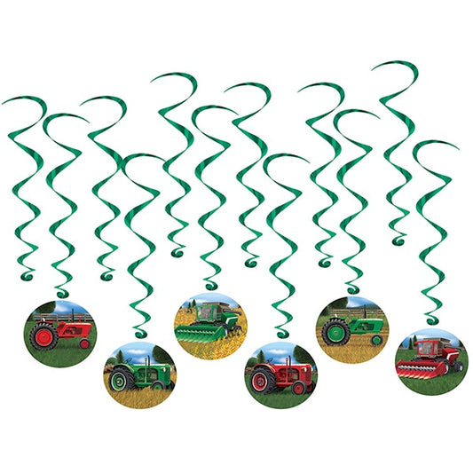 Farm Tractor Dangling Swirl Decorations, 32.5 inch, set of 12