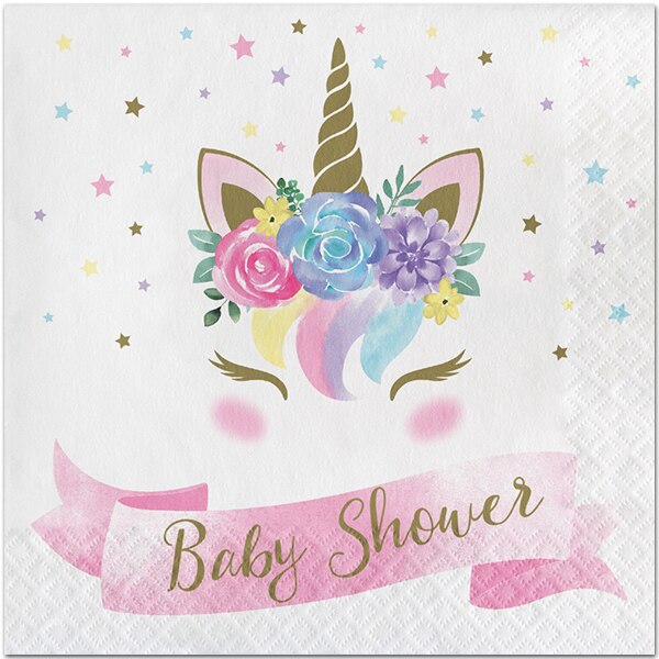 Unicorn Sparkle Floral Baby Shower Lunch Napkins, 6.5 inch fold, set of 16