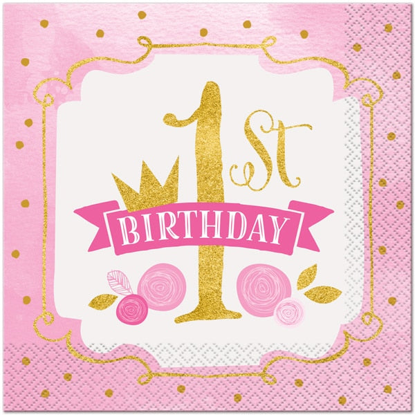 Pink and Gold 1st Birthday Lunch Napkins, 6.5 inch fold, set of 16