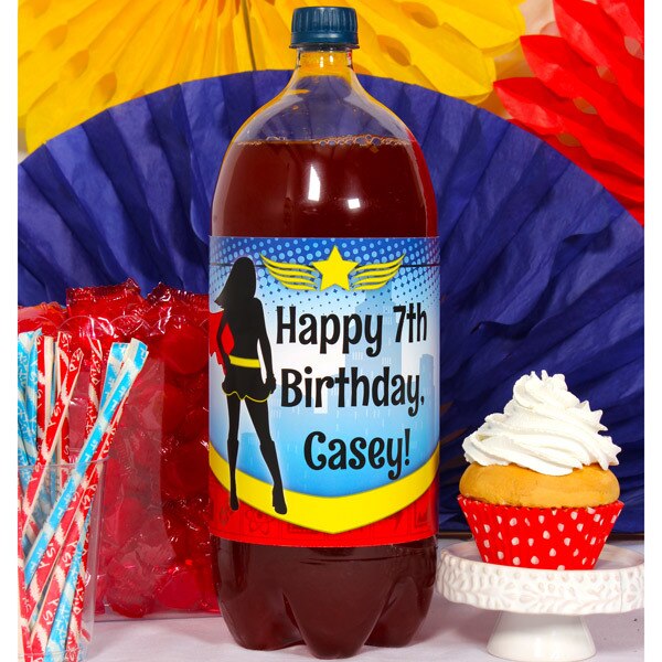 Birthday Direct's Super Hero Girl Party Custom Bottle Labels