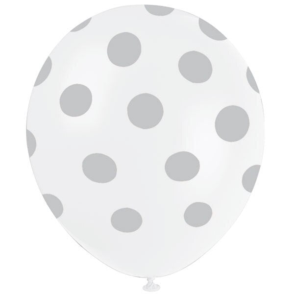 Silver with White Dot Latex Balloons, 12 inch, 6 count