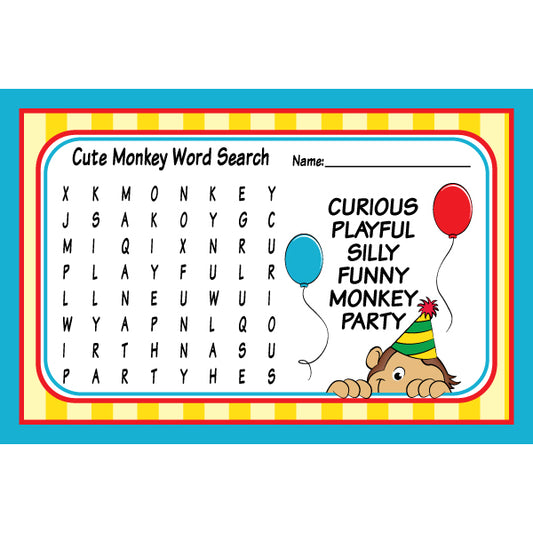 Monkey Cute Party Word Search Puzzle, 4 x 6 inch, 8 count