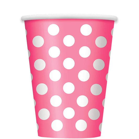 Hot Pink with White Dot Cups, 12 ounce, 6 count