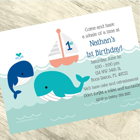 Birthday Direct's Little Whale 1st Birthday Blue Custom Invitations