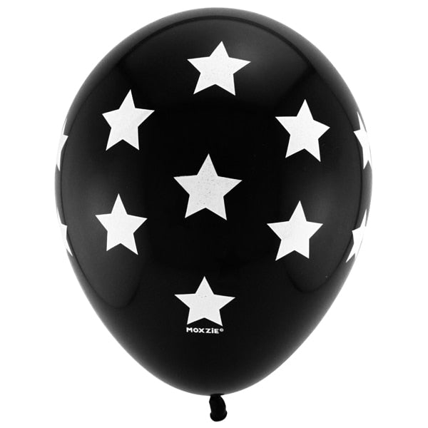 Black with White Stars Printed Latex Balloons, 12 inch, 8 count