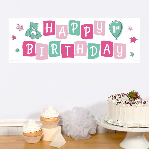 Doodle Bear 1st Birthday Pink Tiny Banner, 8.5x11 Printable PDF Digital Download by Birthday Direct