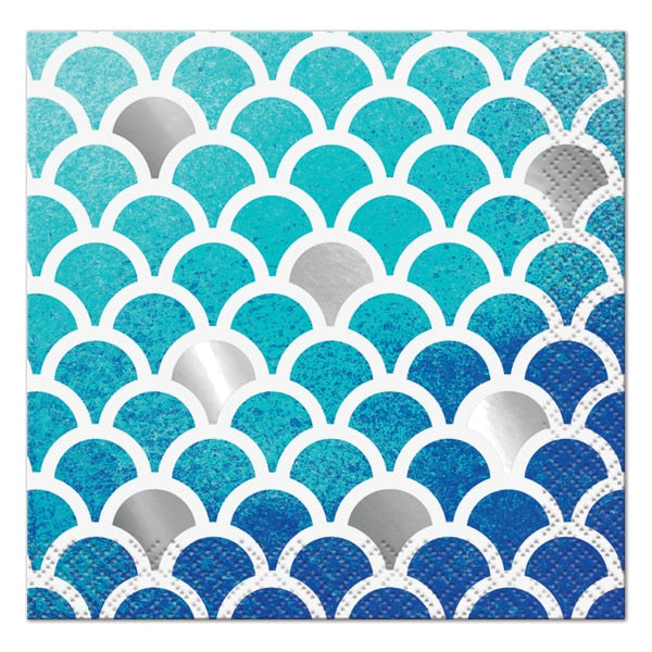Blue and Silver Scallop Beverage Napkins, 5 inch fold, set of 16