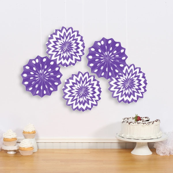 Purple Printed Paper Fans, 8 inch, 5 count