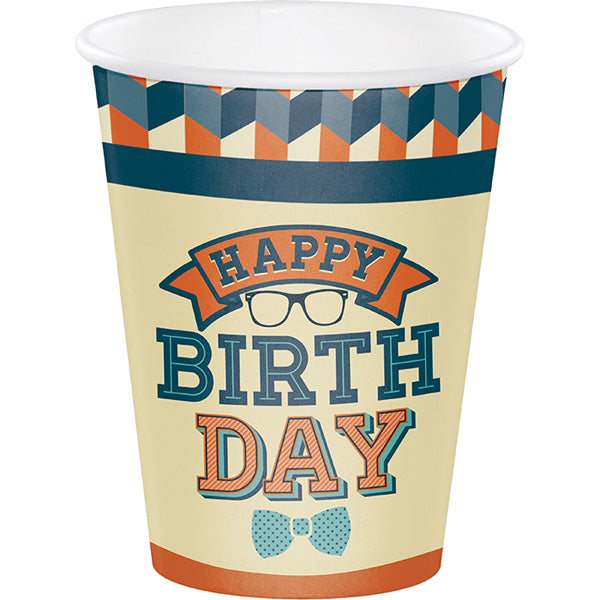 Hipster Birthday Cups, 12 oz, 8 ct