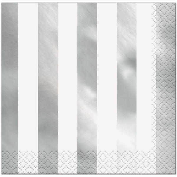 Silver Foil with White Stripe Lunch Napkins, 6.5 inch fold, set of 16