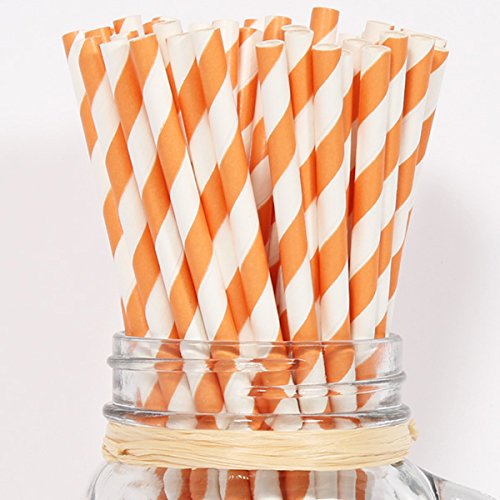 Straws, Eco-Friendly Bulk Orange Stripe Paper Straws, 7.75 inch, set of 144