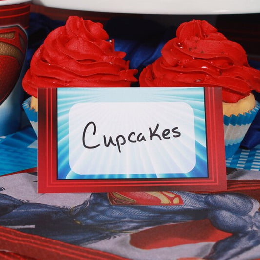 Super Hero Crimson Cape Place Cards Tent Style, 4 x 4.5 inch, set of 16