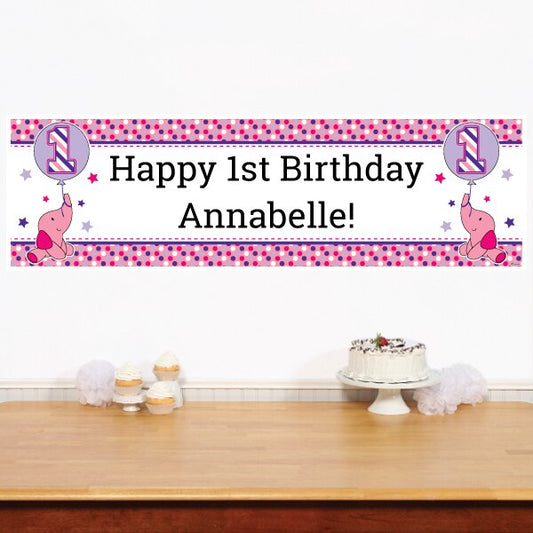 Birthday Direct's Elephant Dots 1st Birthday Pink Custom Banner